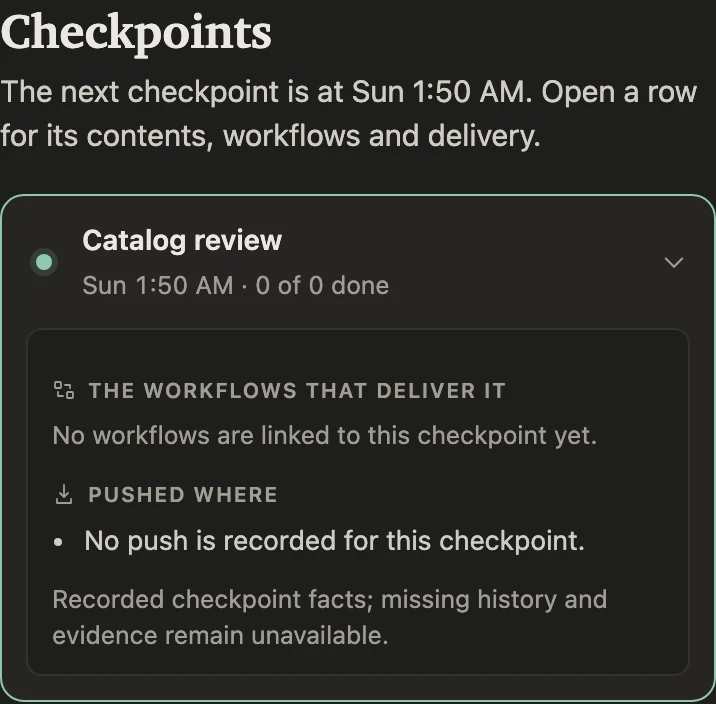 The Catalog review checkpoint in Agent Rooms, with its next review time and recorded contents. Invented sample data.