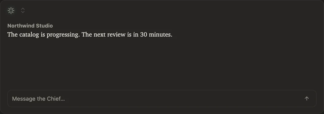 A current Agent Rooms overview card: the catalog is progressing, with the next review in 30 minutes. Invented sample data.