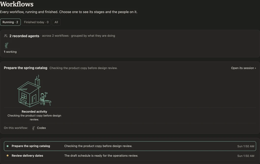 Workflows in Agent Rooms: the spring catalog is being checked, and delivery dates await review. Invented sample data.